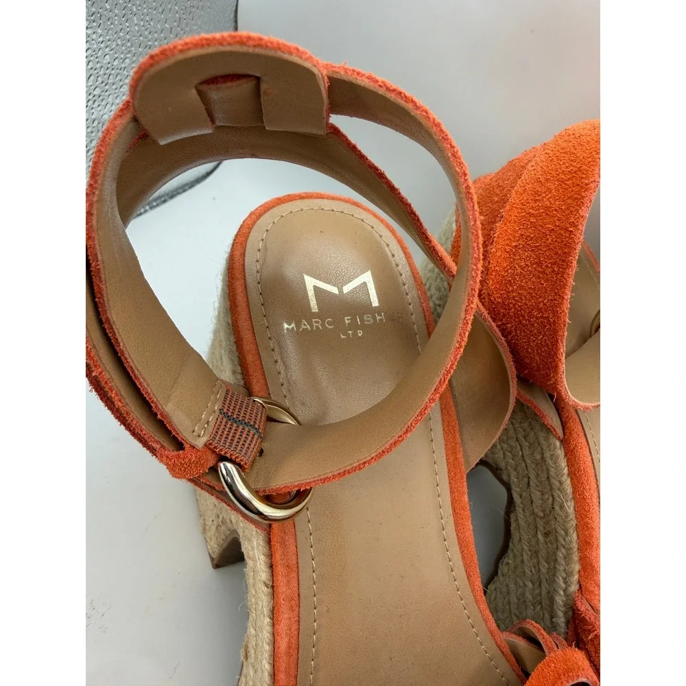 Marc Fisher Espadrille Wedge Sandals Womens 8M Orange Suede Woven Platform Heels